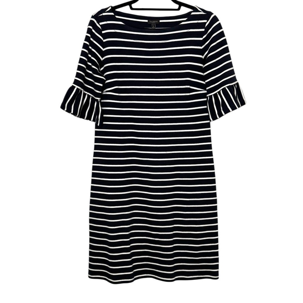 Talbots Dress Size Small Navy White‎ Striped Bell Sleeve Shift Casual Knit